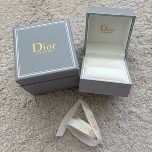 Dior Gray and White Ring Jewelry Box with Gold Logo and Ribbon